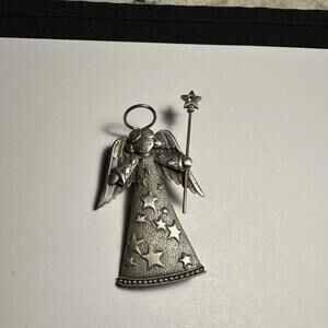 Signed JJ Angel Holding Rhinestone Star Scepter Brooch Pin Pewter Tone Jonette